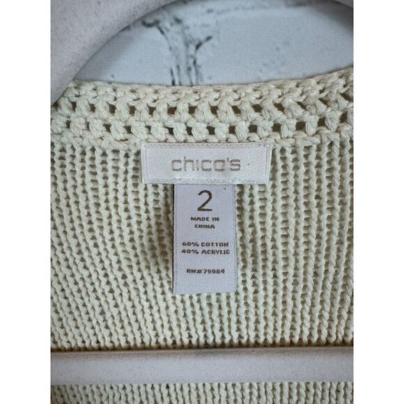 CHICO'S ivory cotton blend knit lace fringe open front cardigan sweater size 2 L - Picture 2 of 9